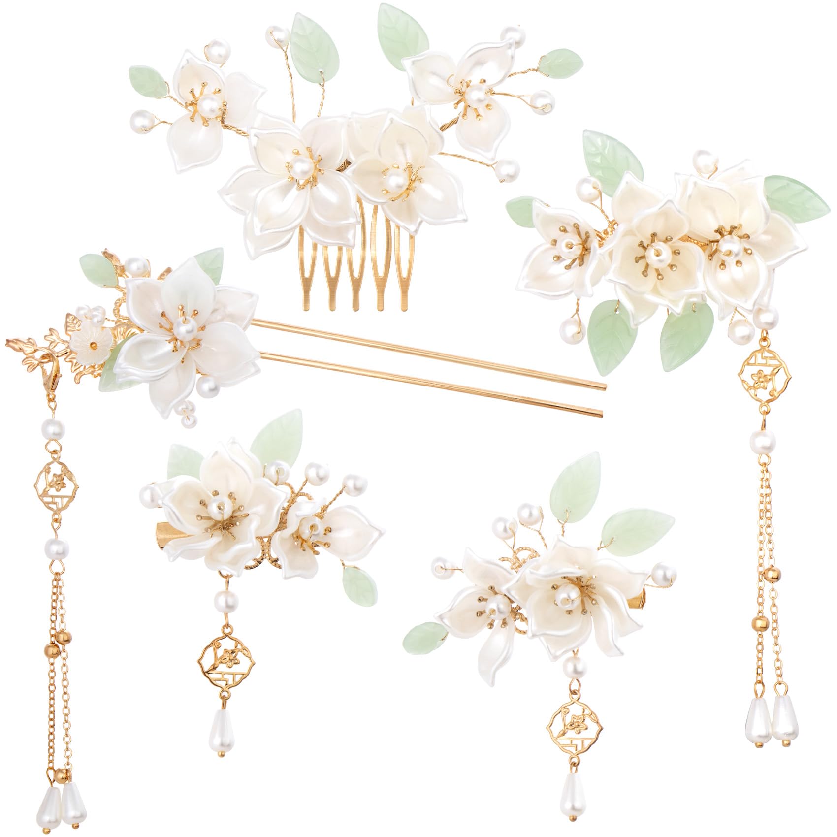 MAYCREATE® 5Pcs Camellia Flower Tassels Hair Pin Crystal Rhinestone Pearl Headpiece Retro Brides Hair Accessories for Women Girls Updo Long MAYCREATE® 5Pcs Camellia Flower Tassels Hair Pin Crystal Rhinestone Pearl Headpiece Retro Brides Hair Accessories for Women Girls Updo Long